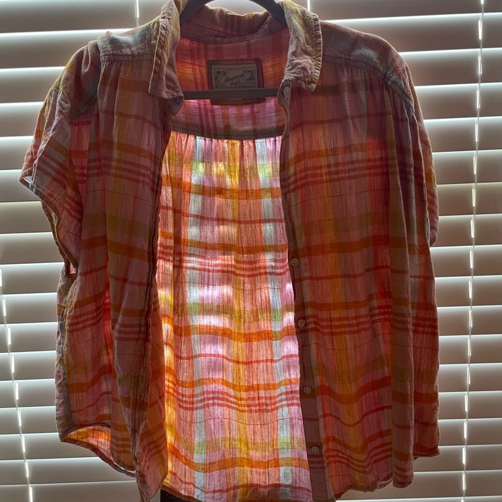 American Eagle Outfitters Pink and Orange Plaid Shirt